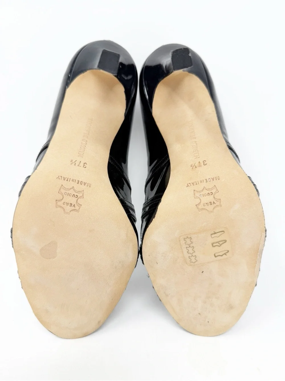 Manolo Blahnik CPETRA Patent Leather Strappy Heels Black Womens Size EU 37.5